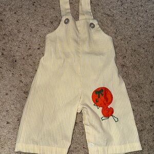 Vintage Striped Cream Kids Overalls with Orange Embroidery